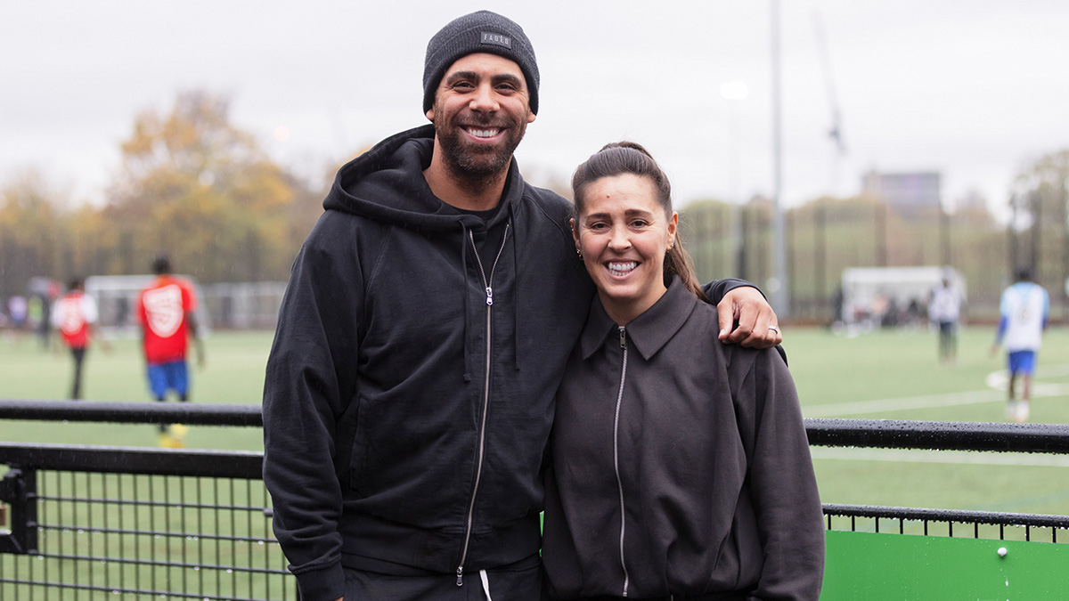 Anton Ferdinand and Fara Williams stand together at Burgess Park